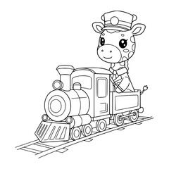 cartoon giraffe on train. animal. coloring page for kids