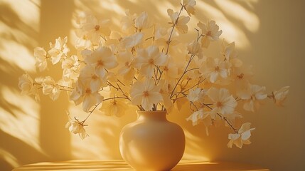 White flowers in beige vase, sunlit.