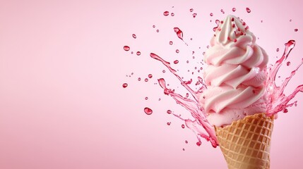 This artistic image captures swirling pink soft serve ice cream with a splash effect, evoking feelings of joy and indulgence, ideal for dessert promotions and summer treats.