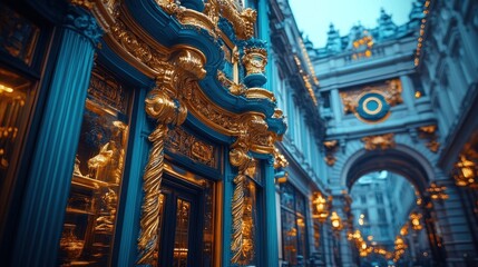 Ornate teal and gold building facade detail, European street scene.