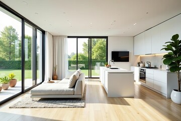 Modern Open-Plan Living Space with Sleek Kitchen and Expansive Glass Doors Leading to a Lush Garden