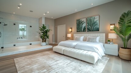 Fototapeta premium Luxurious master bedroom suite with ensuite bathroom, featuring a king-size bed, plush rug, and walk-in shower.