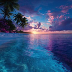 Tranquil tropical beach sunset reflecting vibrant colors in crystal clear water