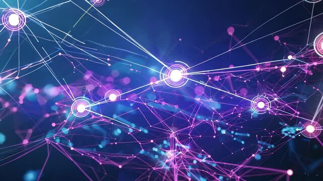 Vibrant abstract technology background featuring colorful data connections and glowing nodes. Ideal for technology and science projects or digital themes.