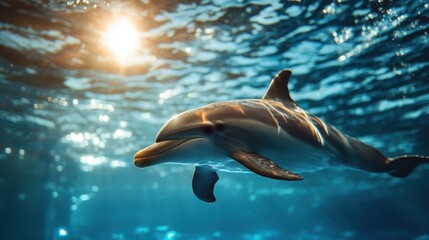 Obraz premium A lively dolphin gracefully swims underwater, illuminated by the sun's rays, showcasing its playful spirit and the beauty of marine life in a serene aquatic ecosystem.