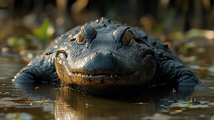 Fototapeta premium Close-up of an alligator's head and upper body, partially submerged in murky water, staring directly at the camera.