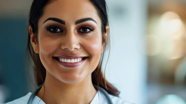 A confident woman healthcare professional smiles warmly while wearing a stethoscope around her neck. She embodies compassion and dedication in the medical field.