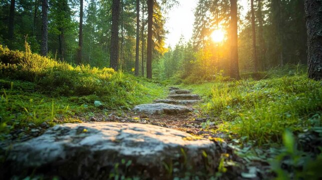 A stone pathway winds through a vibrant green forest, bathed in warm sunset light, inviting exploration and evoking feelings of adventure and peace in nature.