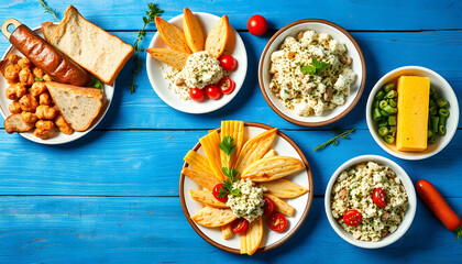 Various Greek dishes on a blue wooden background.Copy space, digital art. with white shades