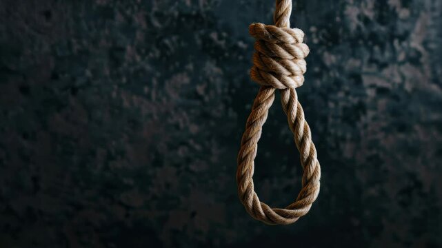 Close-up of a hanging rope noose suspended against a dark textured wall symbolizing danger, execution, despair or emotional distress in a dramatic setting