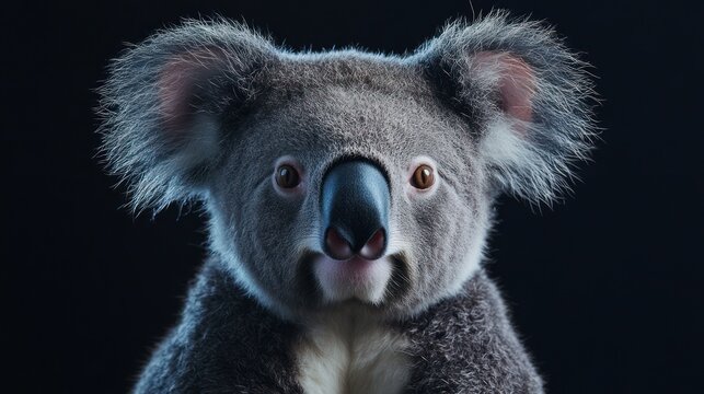 A close-up portrait of a koala with a neutral expression against a black background