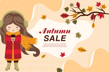 Autumn Banner Girl with Coffee Cup Leaves Branch