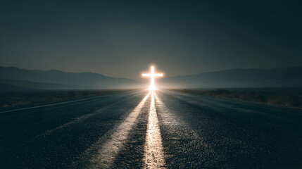 Illuminated cross shines on road leading to distant mountains in a calm and spiritual scene