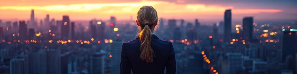 Plakat Woman contemplating cityscape at sunrise