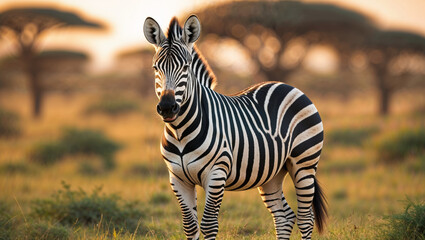 Obraz premium A striking zebra with bold black and white stripes stands calmly in the grassy savanna field.