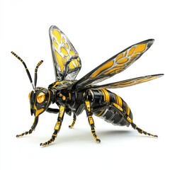 Close up high definition detailed view of striped wasp insect with yellow and black markings flying in natural outdoor environment