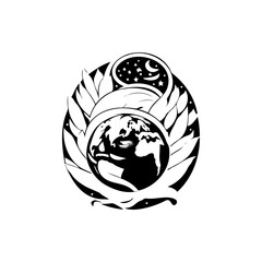 Stylized monochromatic depiction showcasing a world emblem with celestial elements