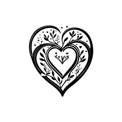 Delicate heart shaped floral motif with intertwining branches and love symbols