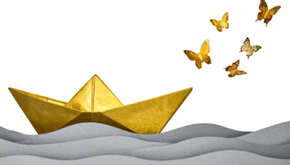 Golden Paper Boat on Wavy Water with Butterflies in Flight
