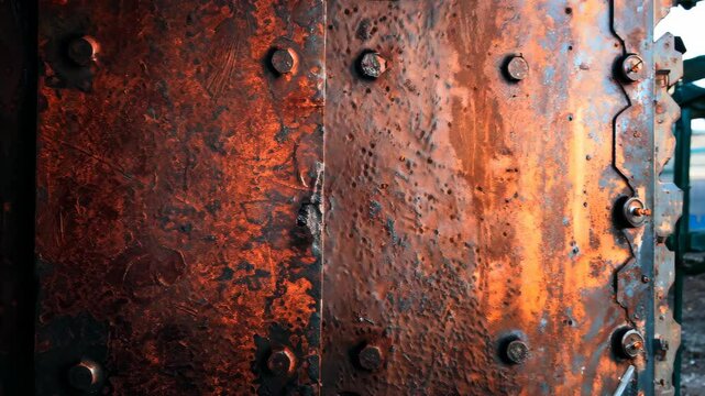 A detailed close-up of a textured rusty metal surface featuring warm tones, fasteners, and intricate patterns that create an industrial aesthetic.