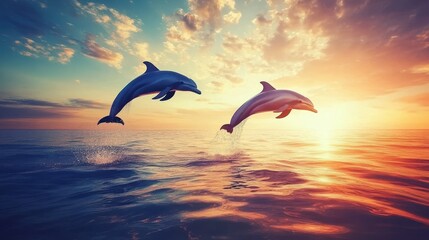 Two dolphins leaping out of the water against a stunning sunset backdrop, capturing the energetic movement and the vivid colors of the sky as they reflect on the ocean surface.
