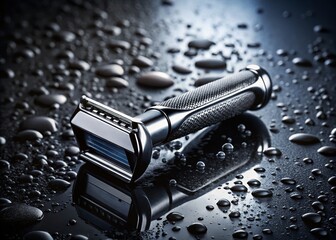 Cinematic Low Light: Silver Cordless Razor with Water Droplets on Black Stone