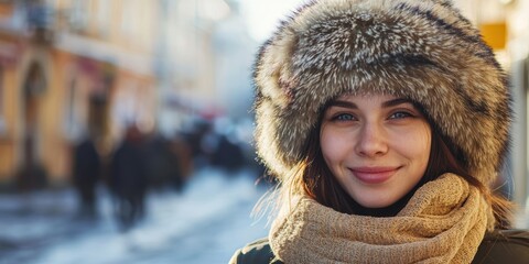 a young woman wearing a hat and scarf walking down a city street in winter 