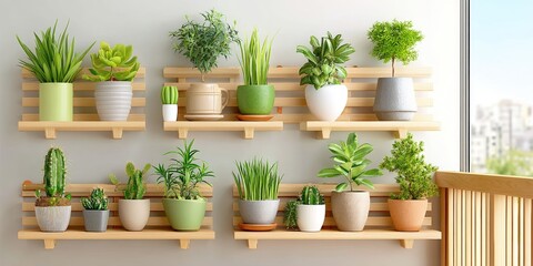 A variety of potted plants are displayed on wooden wall shelves in a bright indoor setting, eco urban farming technique.