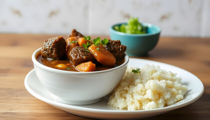 Lamb & sweet potato peanut stew & rice. Caribbean & African food, Side lit. with white shades