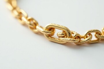 Close-up shot of a single, gold hip-hop chain on white background, style, glossy