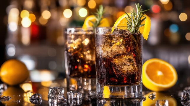 Two glasses of Cuba Libre cocktails with ice cubes and lemon on a bar counter, showcasing mixed drinks with whiskey-cola, garnished with rosemary and orange slices.