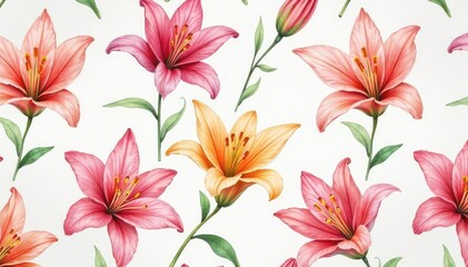 Obraz premium Delicate watercolor lilies, seamlessly repeating, pastel shades , gentle, leaves, watercolour