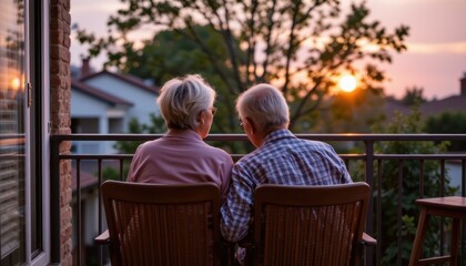 senior couple relaxing together watching a sunset from their balcony peaceful togetherness during retirement emotional and calming mood with pastel skies