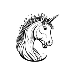Monochromatic illustration of a unicorn head with flowing mane and spiraled horn
