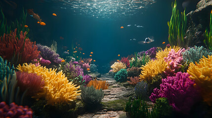 Vibrant Coral Reef Ecosystem Illuminated by Sunbeams Filtering Through the Ocean