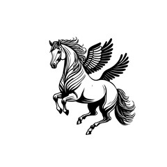 Monochrome depiction of a Pegasus in mid-flight with stylized features