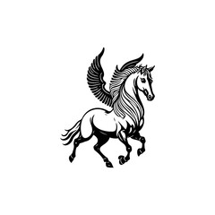 Majestic winged stallion in monochrome, mythical creature with feathered wings