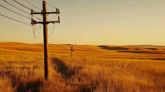 Golden Hour Serenity: A Rustic Power Pole Amidst Rolling Fields of Wheat - Powered by Adobe