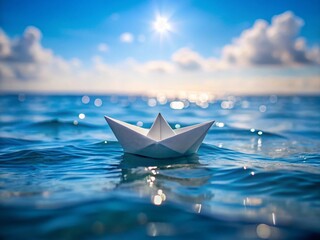 Fototapeta premium Serene Paper Boat on Calm Sea: High-Resolution Stock Photo of Origami Boat Floating on Blue Water
