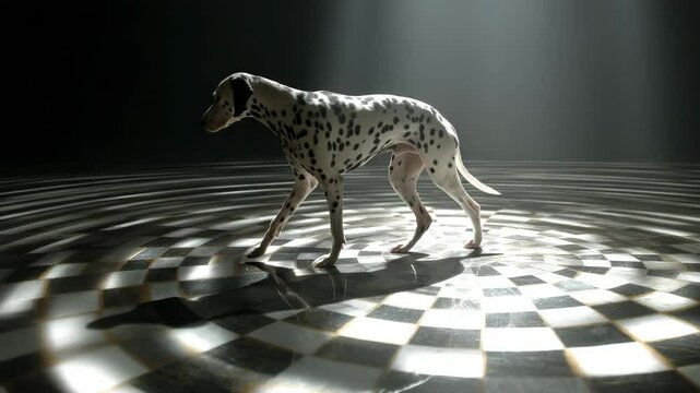 Dalmatian dog walking on a reflective checkered floor, illuminated by a dramatic spotlight. Dark background, high contrast lighting.