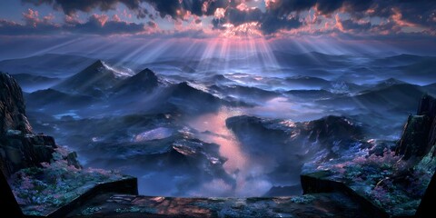 Fototapeta premium Celestial Majesty: A breathtaking vista unfolds, revealing the majesty of mountains beneath an ethereal sky, where sunrays pierce through the clouds, casting a spell of wonder and serenity.