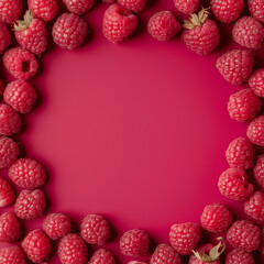 Fresh raspberries arranged in a circular pattern on a red background, creating a vibrant and appetizing border with space in the center.