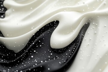 Obraz premium Swirling elegance in black and white liquid art evokes a sense of luxury and tranquility with delicate white particles floating gracefully throughout the scene
