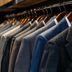 Fototapeta premium Elegant boutique fashion interior showcasing meticulously arranged men's tailored suits in a sophisticated retail setting