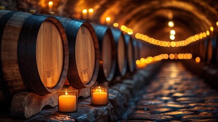 Wine barrels in a candlelit cellar.