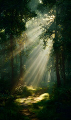 Obraz premium Sunbeams pierce through the canopy of a tranquil woodland landscape creating a luminous ethereal effect