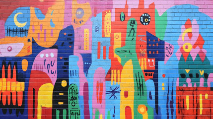 Vibrant urban mural with whimsical shapes and bold colors on brick wall