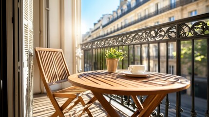 Obraz premium A charming balcony scene featuring a wooden table set with a cup and a potted green plant, inviting relaxation and tranquility amidst a cozy urban backdrop.