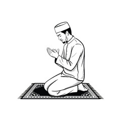 Muslim man praying isolated on white. Ramadan Kareem, Eid Mubarak.