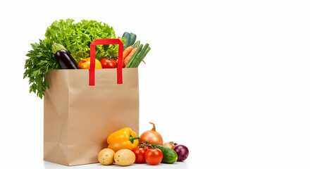 Paper grocery bag filled with fresh vegetables and some vegetables placed on the white surface